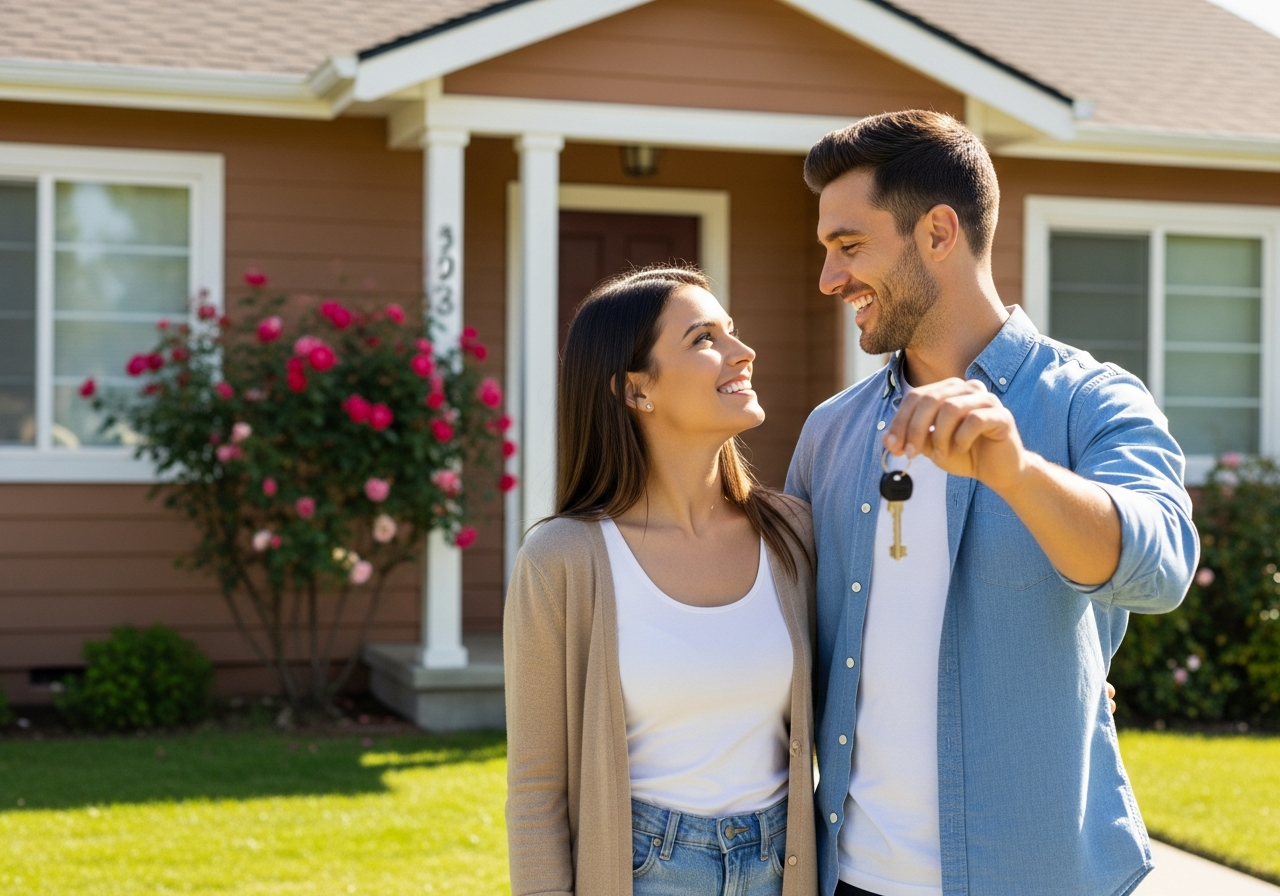 New homeowners outside house