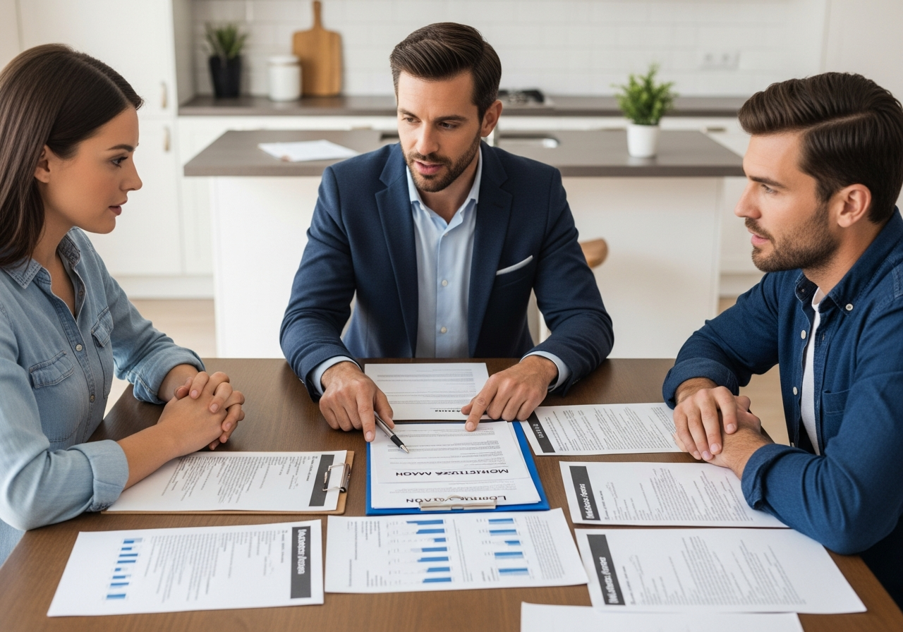 Mortgage broker with couple reviewing documents