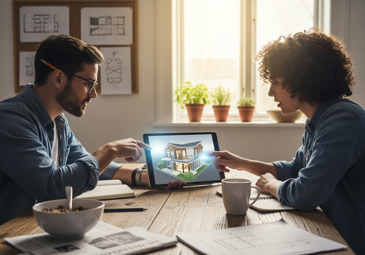 Architect and couple reviewing 3D model