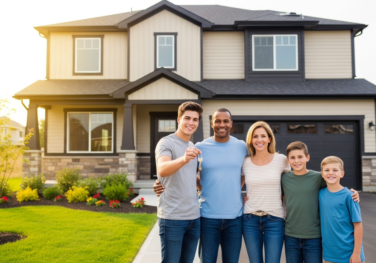 Family with keys outside new home