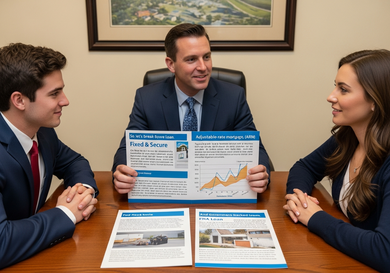 Broker explaining home loan options to clients
