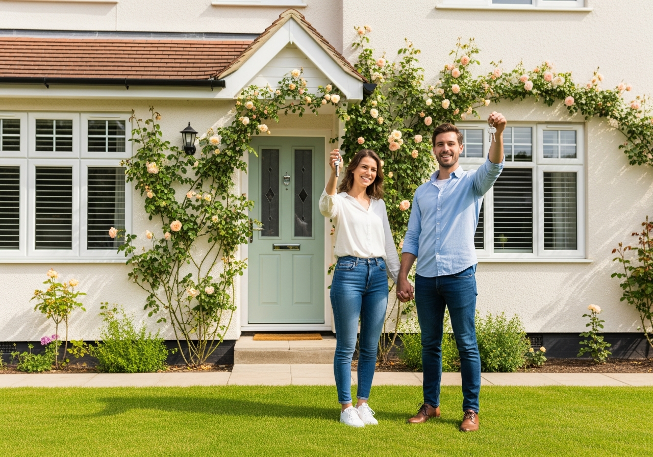 Couple holding keys outside new home