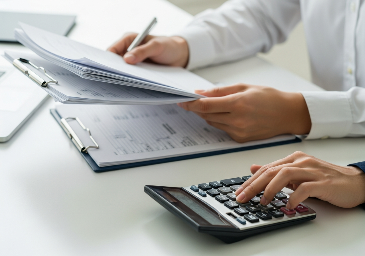 Reviewing loan paperwork and calculator
