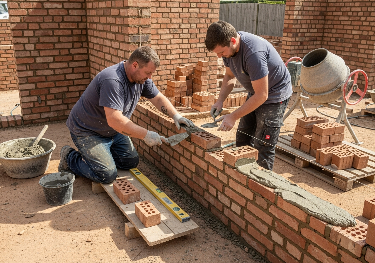 Bricklayers building wall