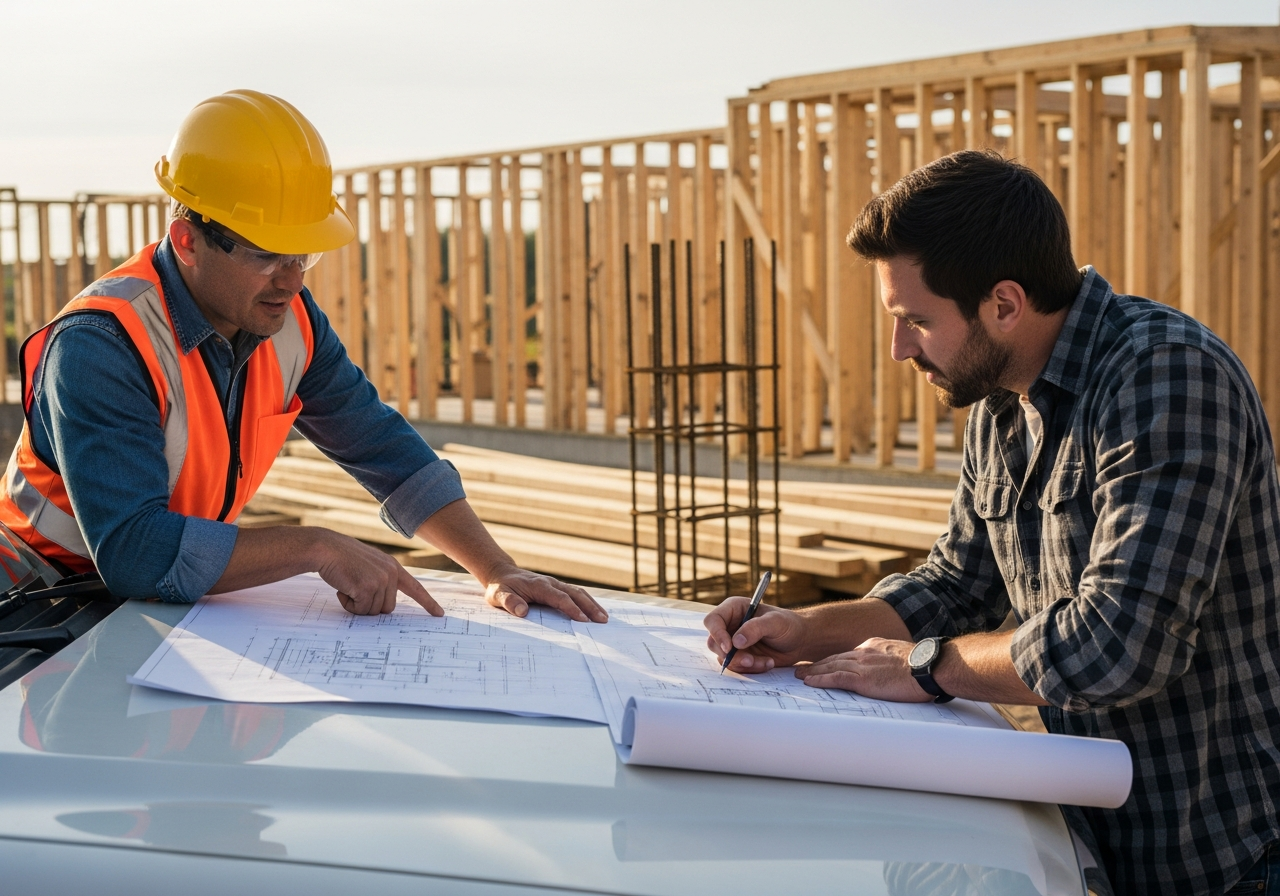 Builder and homeowner reviewing construction plans