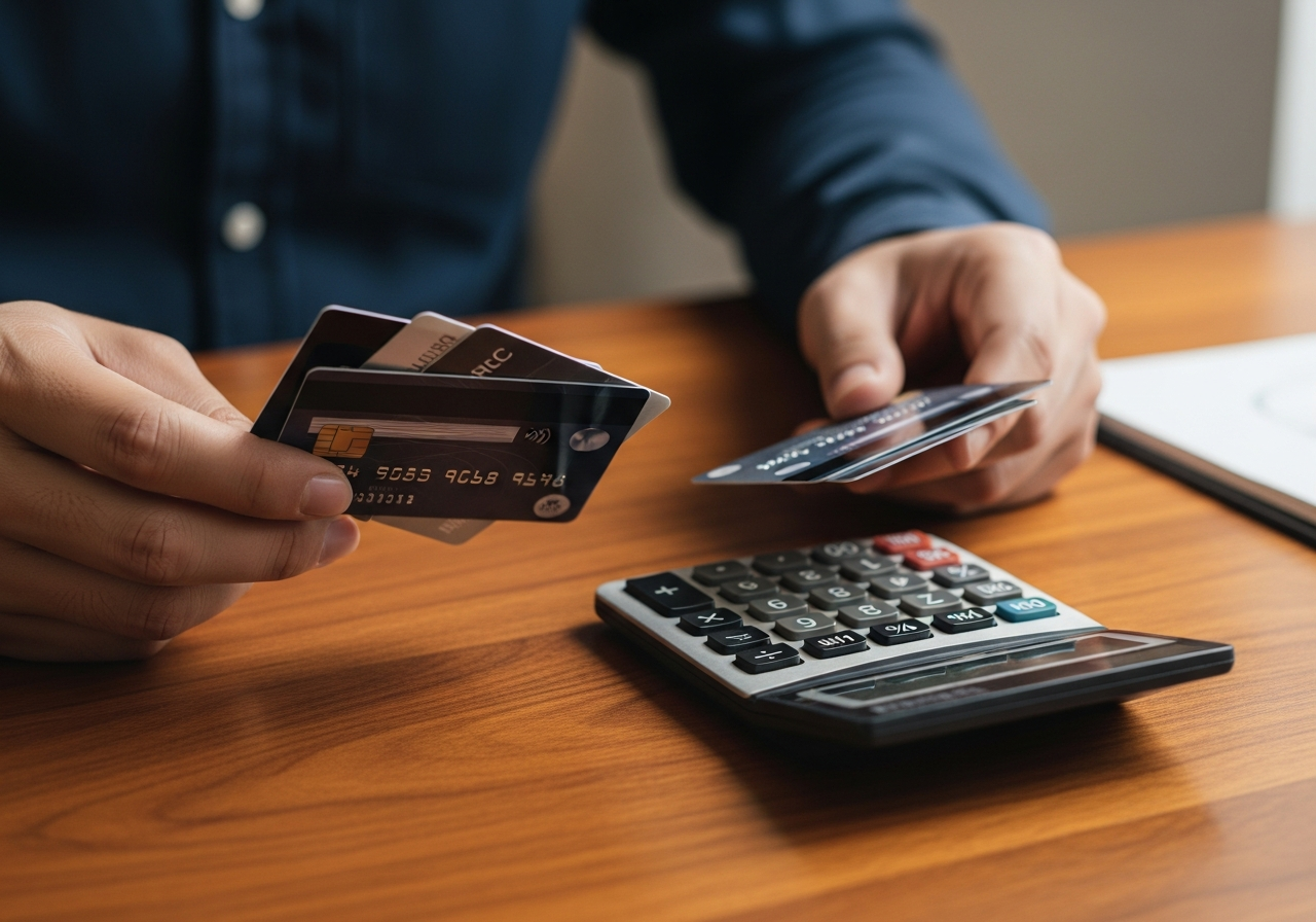 Hands with credit cards and calculator