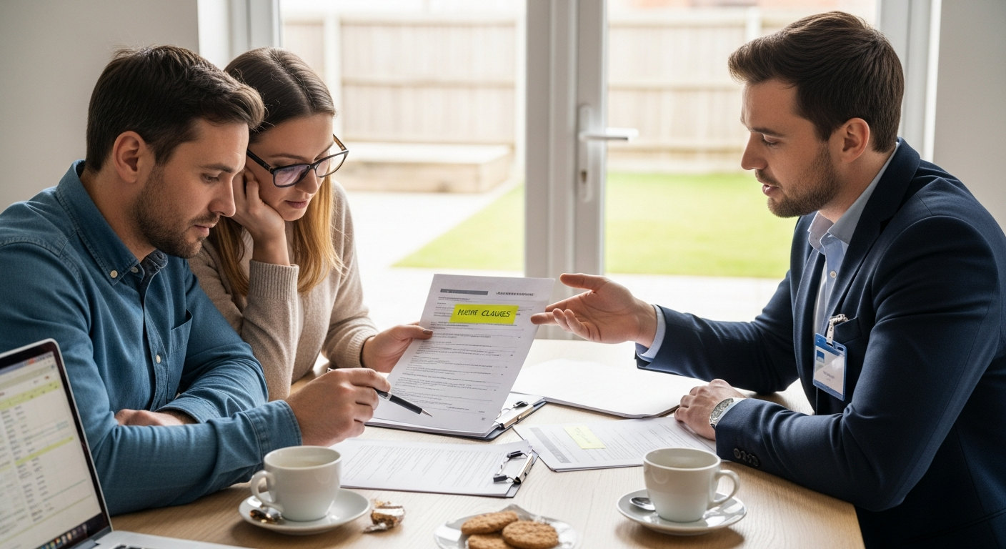 Couple reviewing home loan documents with broker