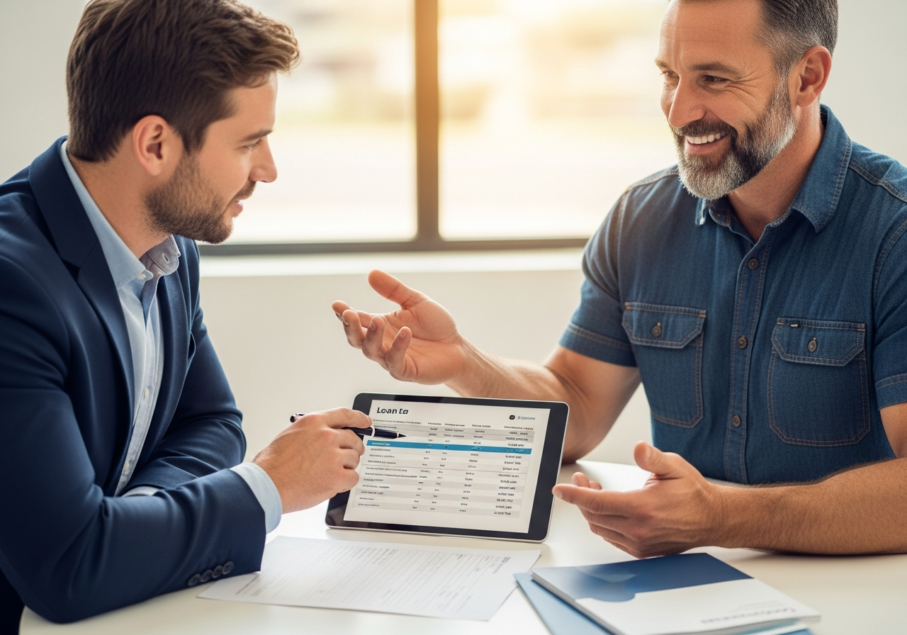 Self-employed borrower reviewing low doc loan options with broker