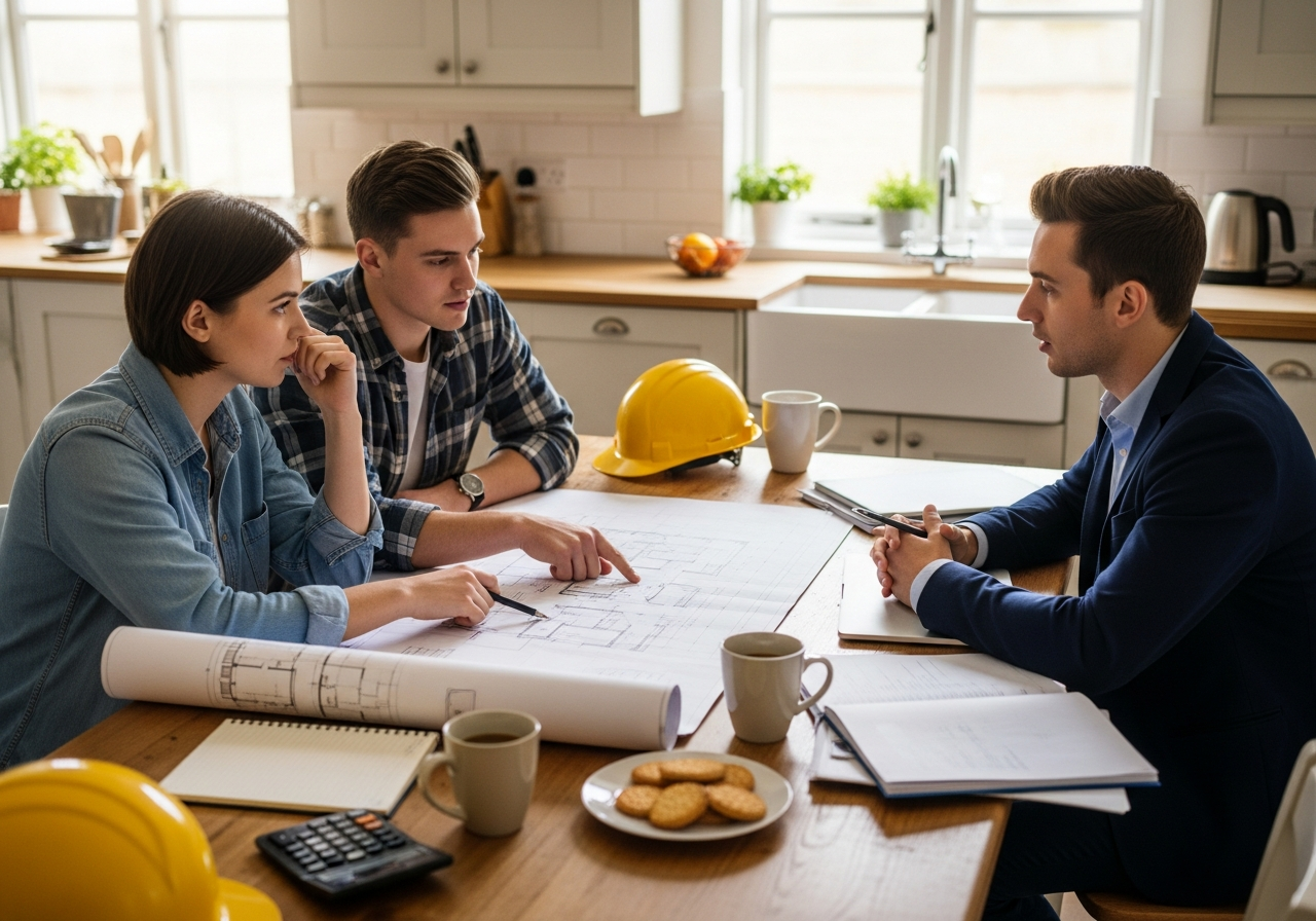Couple reviewing renovation plans with broker