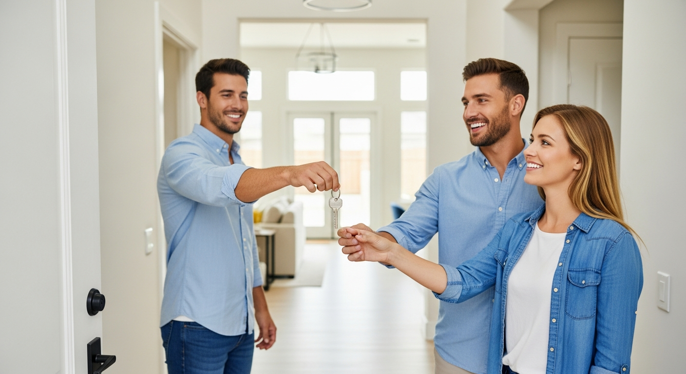 Happy borrowers receiving keys to new home