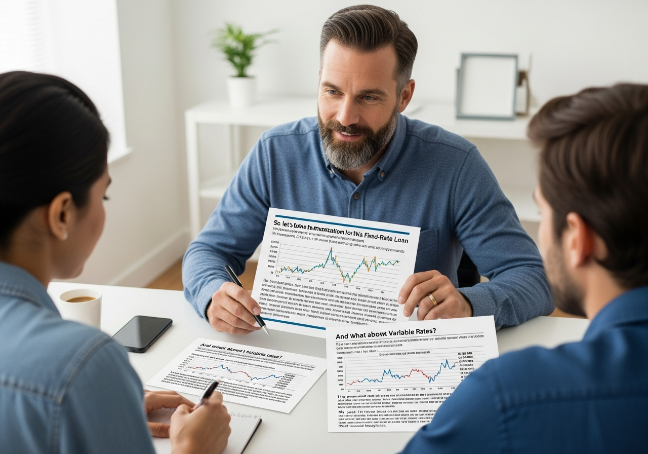 Broker comparing lending options with clients