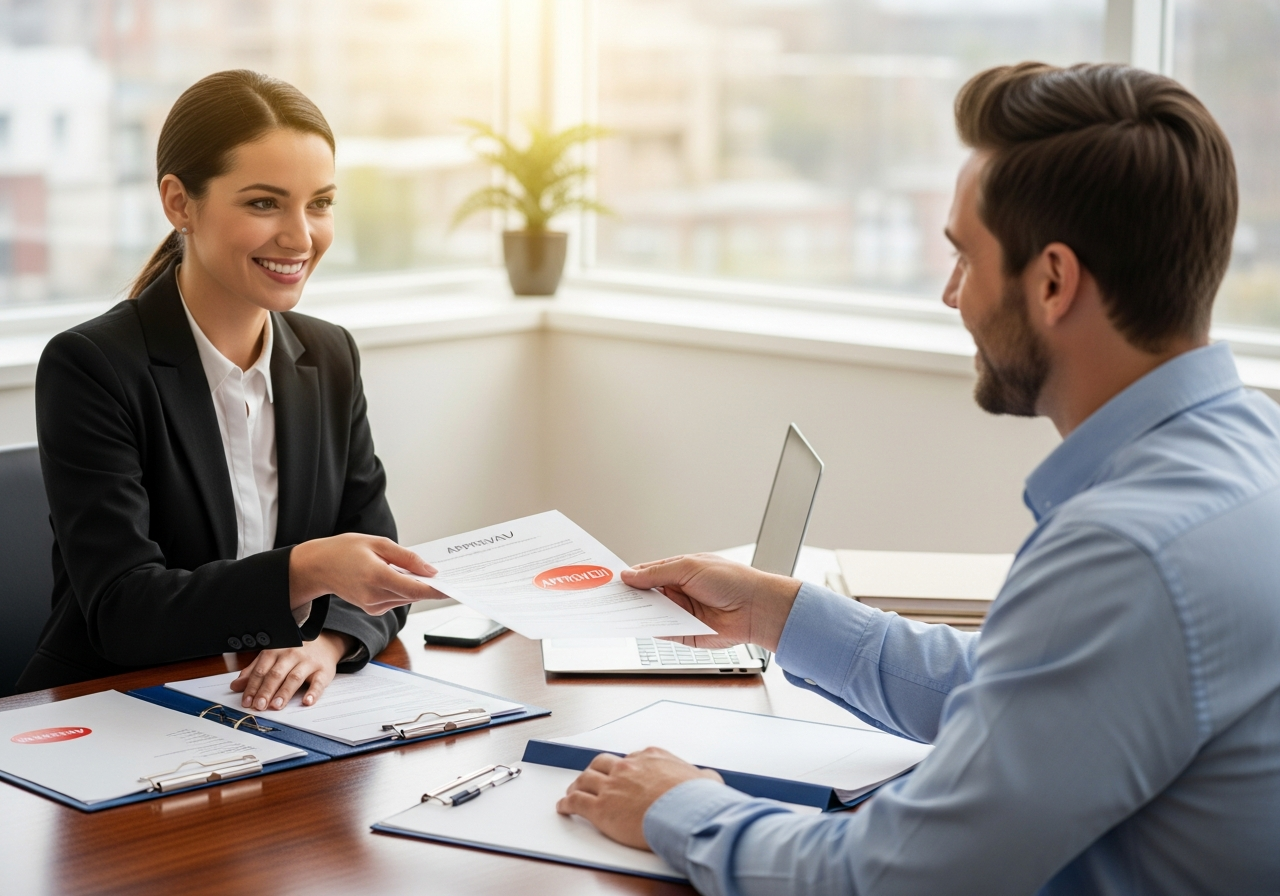 Mortgage broker handing documents to homeowner