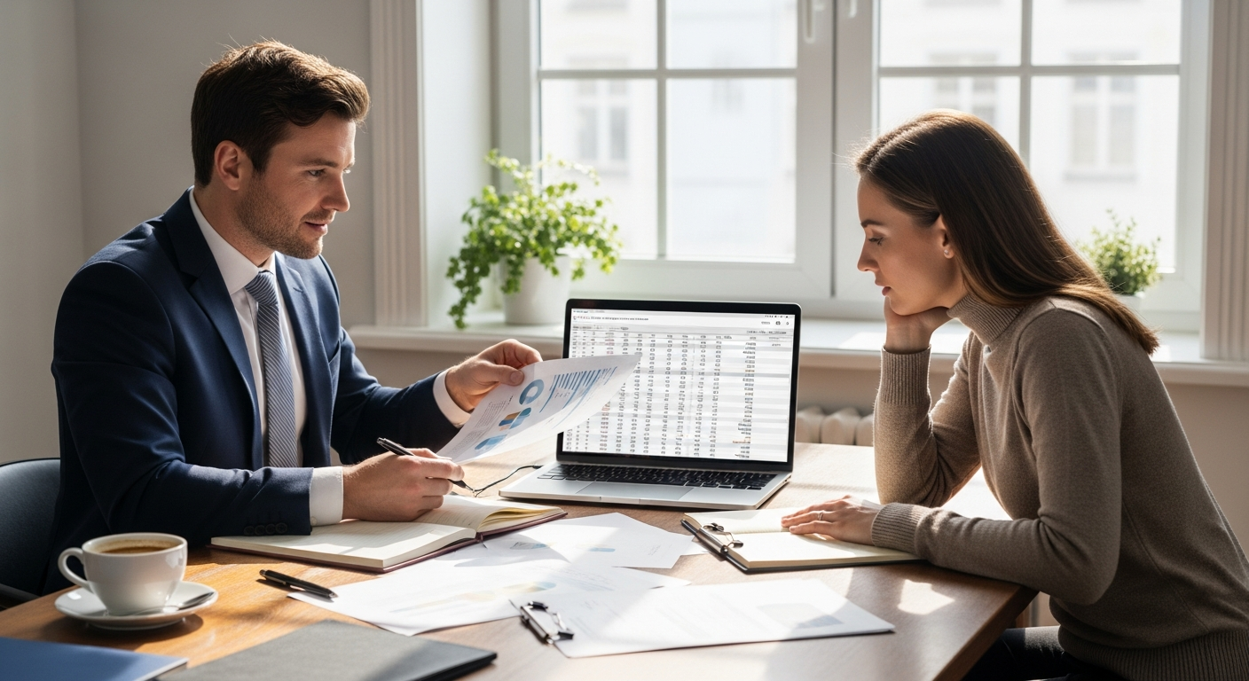 Accountant and self-employed client reviewing documents