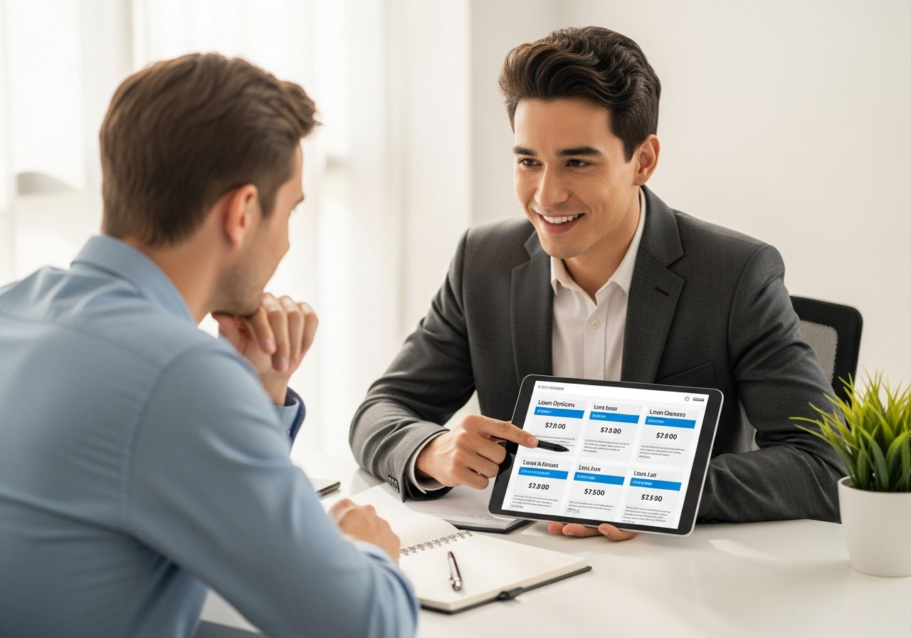 Loan adviser reviewing options with client