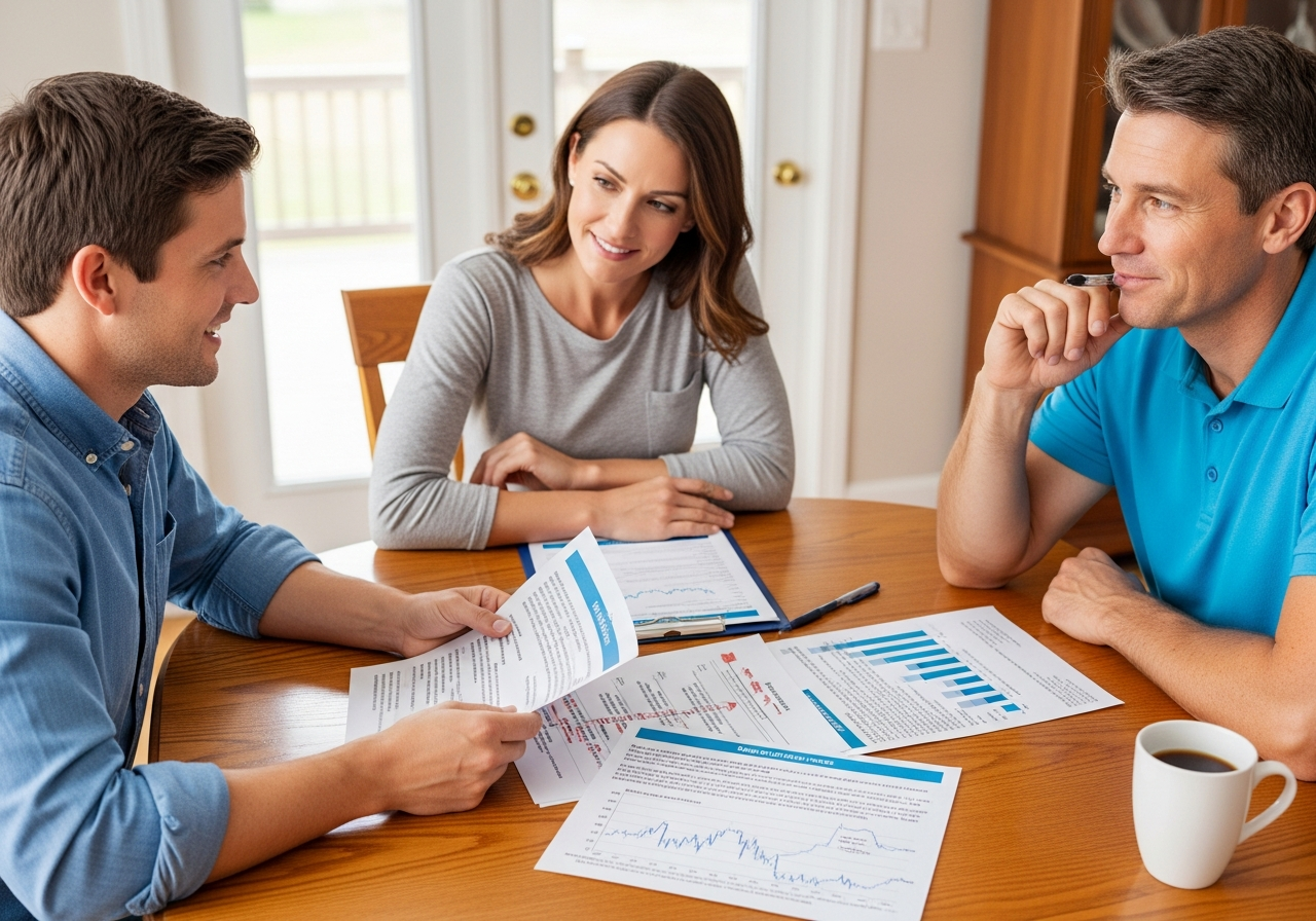 Mortgage broker discussing house loan options with clients