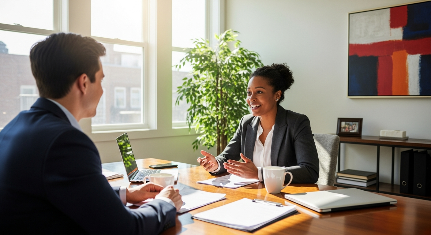 Loan adviser speaking with client